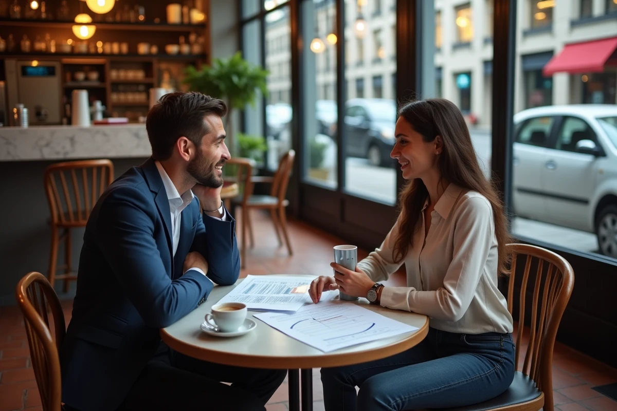 Deux entrepreneurs discutant de projections financières pour transformer un side project en business rentable dans un café