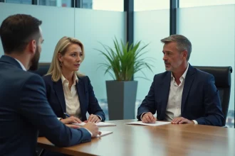Femme cadre senior en discussion respectueuse avec un responsable RH lors d'une réunion de rupture conventionnelle en entreprise