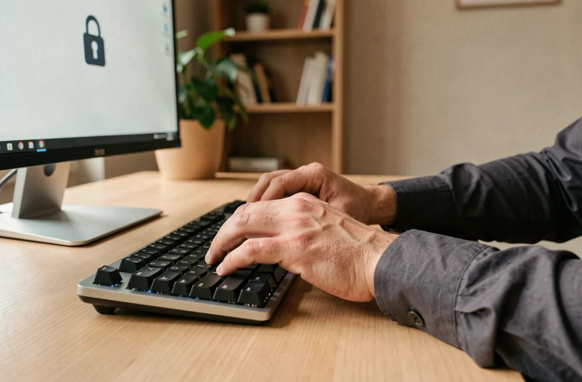 Mains d'un homme saisissant un mot de passe sécurisé sur un clavier pour accéder à un coffre-fort numérique en ligne