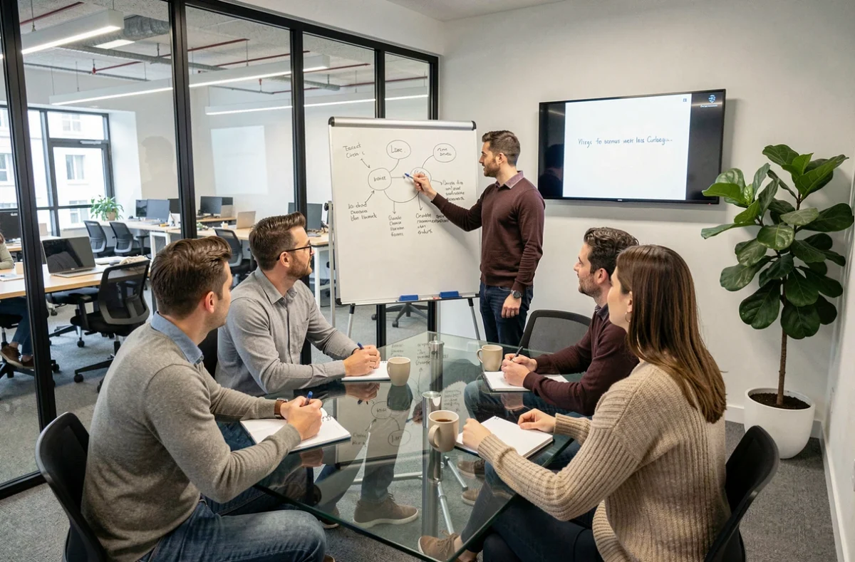Réunion d'équipe dans une salle de réunion vitrée d'un coworking à Courbevoie