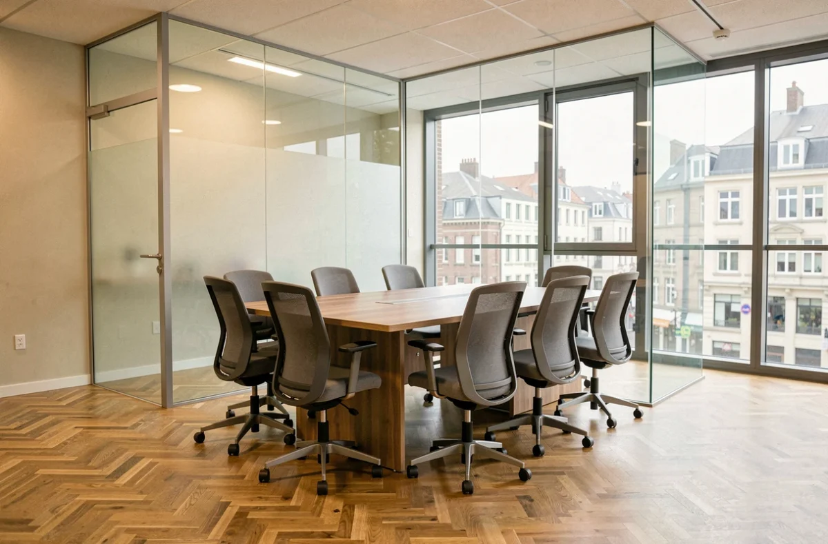 Salle de réunion modulaire moderne entièrement montée avec cloisons vitrées et table de conférence