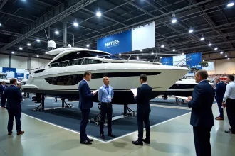 Salon nautique professionnel avec exposants et bateaux commerciaux exposés dans un grand hall de congrès