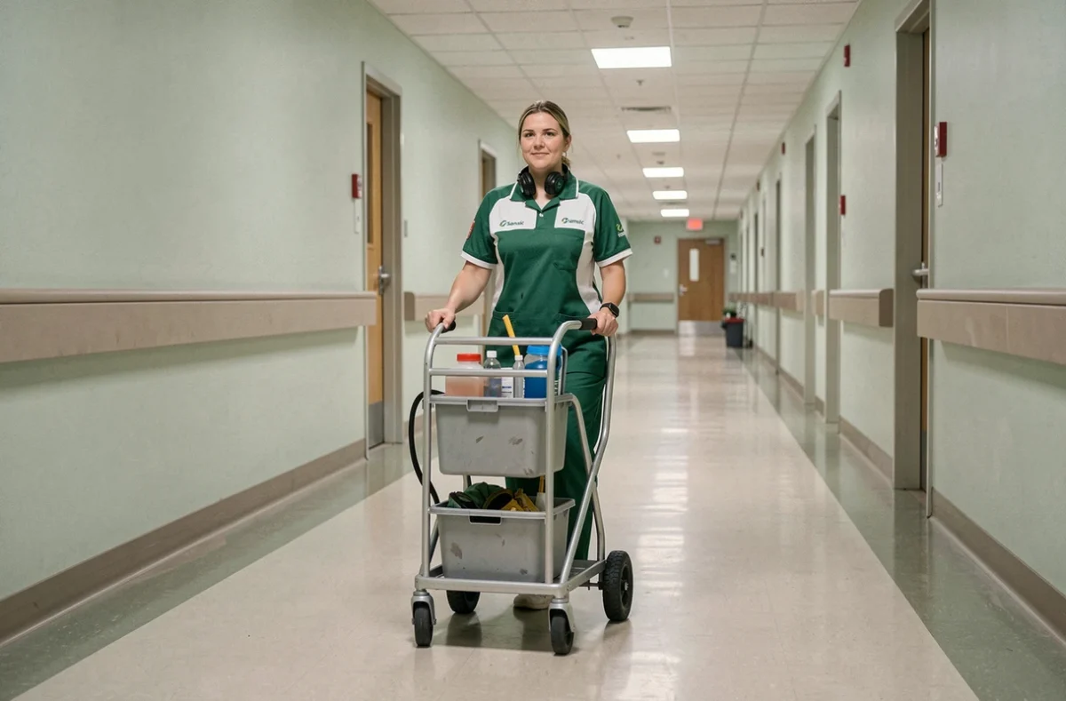 Professionnelle Samsic poussant un chariot de nettoyage dans un couloir d'hôpital