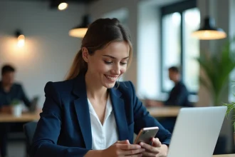 Femme professionnelle sécurisant son compte RH en ligne avec authentification à deux facteurs sur smartphone et ordinateur portable