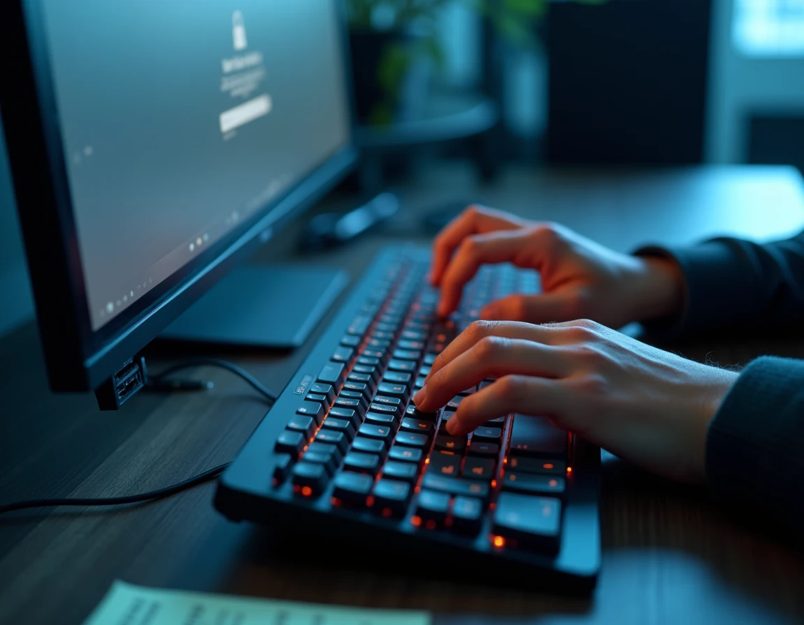 Gros plan sur des mains tapant un mot de passe sécurisé sur un portail de connexion RH avec une clé de sécurité USB branchée