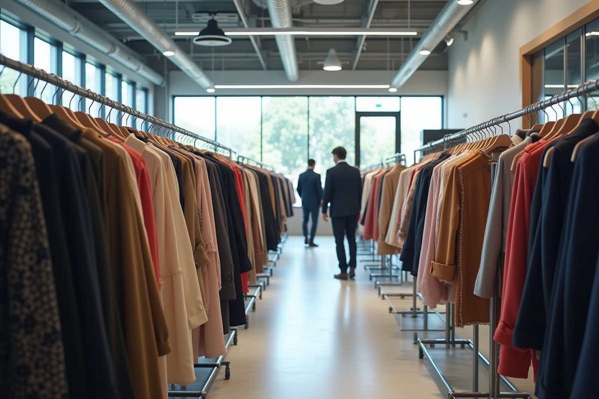 Showroom moderne avec vêtements organisés et acheteurs