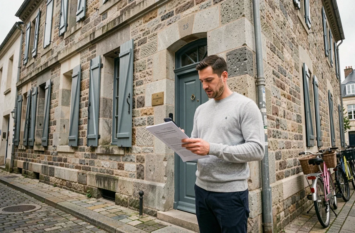 Entrepreneur devant un bâtiment de domiciliation commerciale en pierre bretonne dans le centre de Vannes