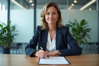 Une employée signe un document officiel pour ordre au nom de son employeur dans une salle de réunion d'entreprise moderne