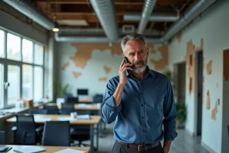 Chef d'entreprise évaluant les dégâts après un sinistre dans ses bureaux, téléphone à l'oreille