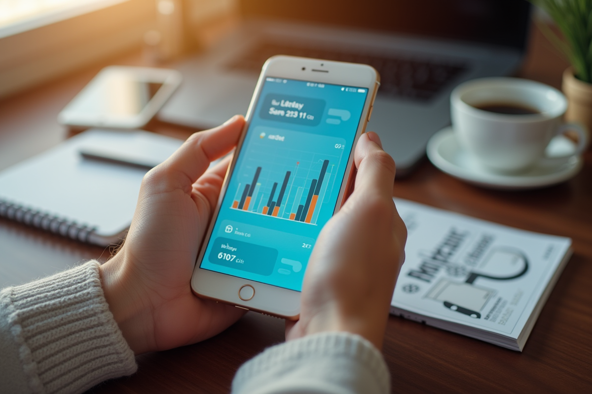 Main tenant un smartphone avec analyses marketing créatives