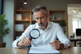 Homme d'affaires examinant un contrat d'une société identifiée par des initiales ambiguës, signe de méfiance et de vigilance juridique