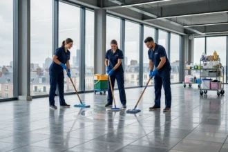 Équipe de nettoyage professionnelle dans un grand bureau du Nord de la France