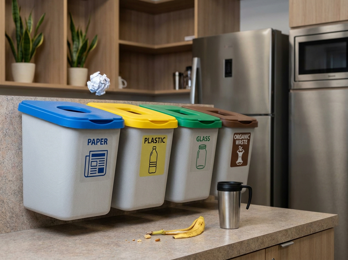 Station de tri sélectif avec quatre bacs colorés et étiquetés dans une cuisine de bureau