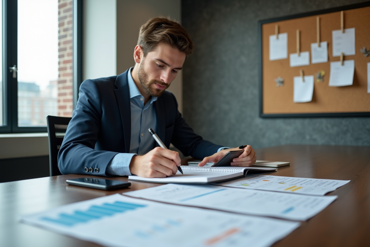 Jeune homme strategisant avec notes et graphiques en bureau
