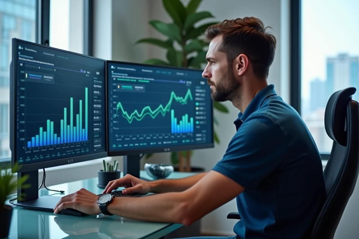 Un entrepreneur num&eacute;rique analysant des m&eacute;triques de croissance sur ses &eacute;crans pour mettre en place une strat&eacute;gie digitale efficace