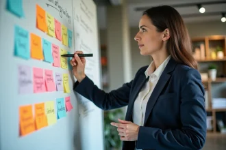 Femme stratège en blazer marine analysant un tableau de stratégie marketing avec des post-it colorés organisés en grille dans un bureau moderne