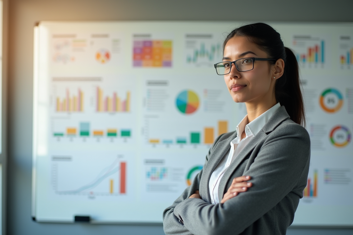 Stratège marketing devant tableaux de graphiques colorés