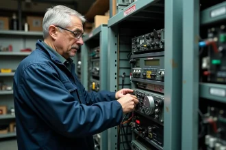 Technicien radio connectant un module moderne à un équipement radio analogique existant dans un atelier technique