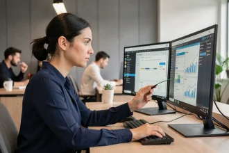Femme professionnelle transférant des données d'Outlook vers un nouvel agenda numérique sur un poste de travail moderne