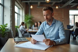 Un homme en transition professionnelle entre salariat et entrepreneuriat, assis dans un espace de coworking moderne, jonglant entre documents d'entreprise et notes personnelles