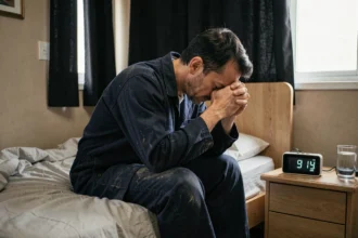 Travailleur en 5x8 épuisé assis sur son lit le matin avec des rideaux occultants fermés pour dormir en journée