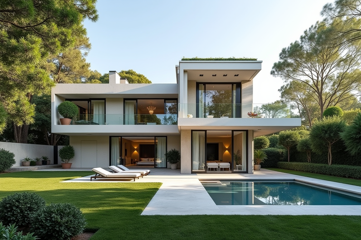 Villa moderne de luxe avec jardins et grandes fenêtres