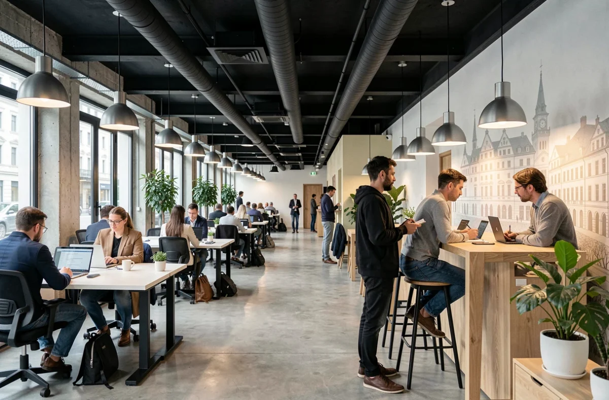 Vue panoramique d'un espace de coworking à Genève en activité avec open space, professionnels variés et décoration urbaine